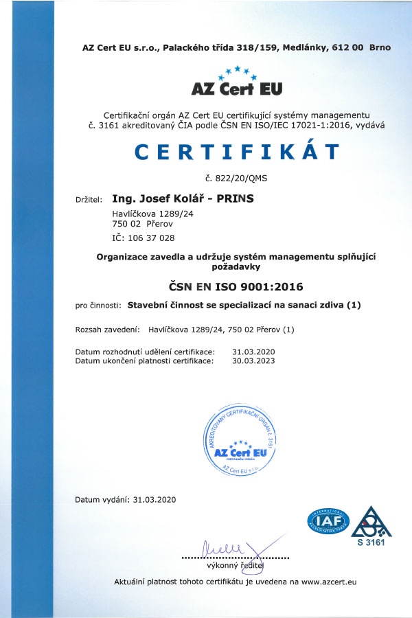 certifikat EN ISO 9001-2016 sanace vlhkeho zdiva